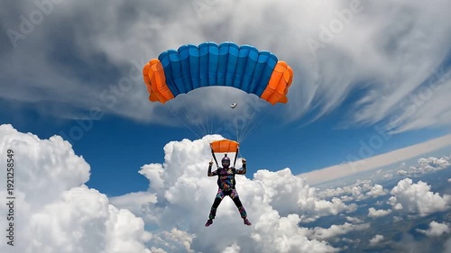 Skydiver Descends Gracefully Under Blue and Orange Parachute Amidst Fluffy Clouds.