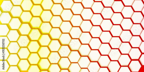 vibrant honeycomb pattern with a gradient of yellow, orange, and red hexagons on a white background.