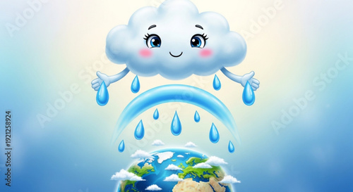Smiling cartoon cloud with rainbow and raindrops over earth symbolizing weather and climate