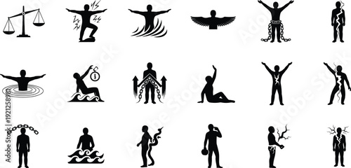 Set of vector silhouettes featuring a diverse collection of people, men, and women in business, sport, fitness, yoga, and dance poses as black art illustrations