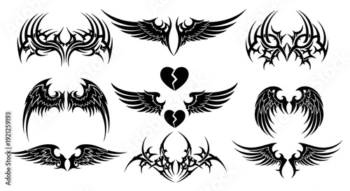 tribal tattoo designs with stylized wings abstract patterns and broken hearts vector art for body art and graphic design assets