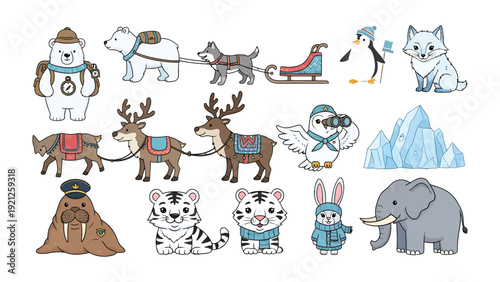 Arctic Animals and Expedition Elements: A collection of charming cartoon arctic animals, each with unique accessories, set against a pristine background, depicting a sense of adventure and expedition.