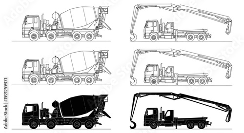 technical drawing of concrete mixer and boom pump trucks line art and silhouette blueprints for heavy construction vehicles.