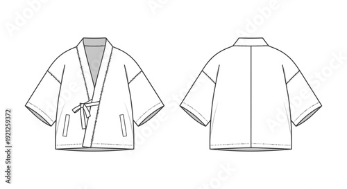 technical flat sketch of a womens short-sleeved kimono jacket with wrap front and tie detailed front and back for apparel design.