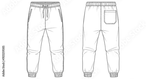 technical flat sketch of mens jogger sweatpants front and back views featuring an elasticated drawstring waistband side pockets and ribbed cuffs perfect for fashion design and apparel templates.