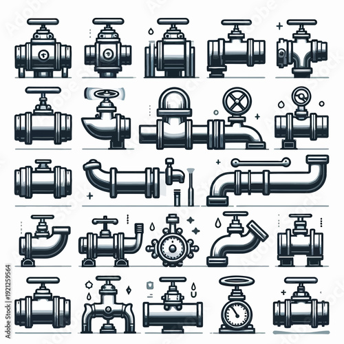 Plumbing Pipes Valves Fittings Icon Set