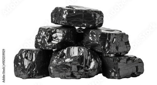 Bild auf Leinwand Pile of shiny black coal rocks isolated PNG, fossil fuel mineral for energy and