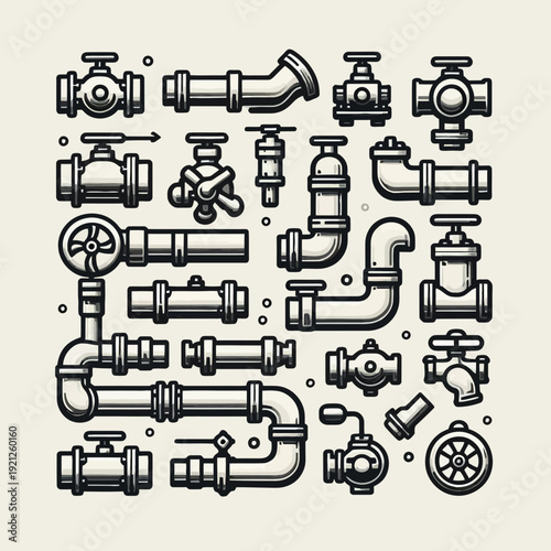 Plumbing Pipes Valves Fittings Icon Set