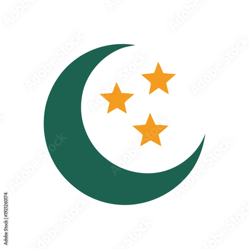 Minimalist vector icon featuring a bold green crescent moon and a trio of bright yellow-orange stars, symbolizing night, space, or mystical themes, Vector Design