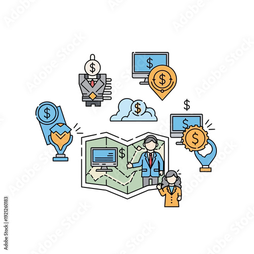 Business people discussing financial data.