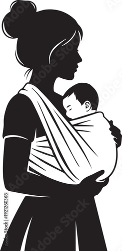 Silhouette of a woman holding a baby in a carrier