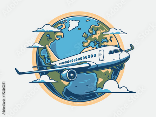 Airplane flying around the Earth, surrounded by clouds, symbolizing global travel and aviation.