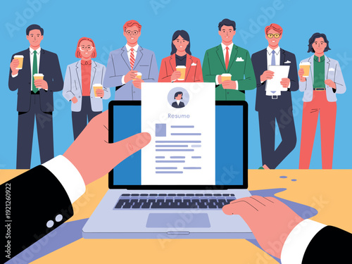 Recruitment process with a resume on a laptop screen, viewed by potential candidates holding coffee cups, symbolizing hiring.