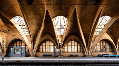 Grand architectural arches over an empty train platform