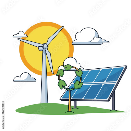 Solar panel and wind turbine renewable.