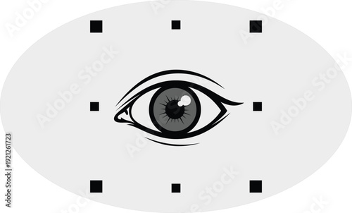 A stylized illustration of a human eye on a white circular background with black squares