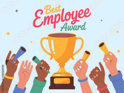 Diverse hands holding up awards, celebrating best employee recognition with trophy and scrolls.