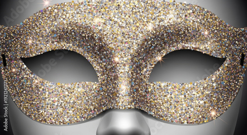Glittering silver masquerade mask with colorful sparkles on a gray background perfect for mardi gras or formal events