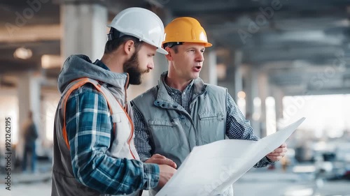 Contractor and architect review building plans during construction in modern commercial site