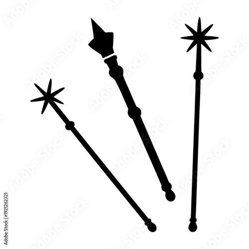 Magical Wand Set Outline Vector Isolated on White.