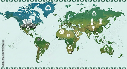 Global environmental conservation map with eco friendly icons and recycling symbols worldwide