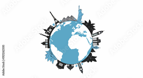 Flat design illustration of Earth surrounded by iconic landmarks and city skylines in shades of blue and gray on a white background.