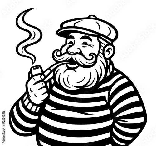 Vector line art illustration of Old Man Smoking Pipe.