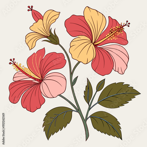 Vibrant Coral and Yellow Hibiscus Flowers Botanical Art