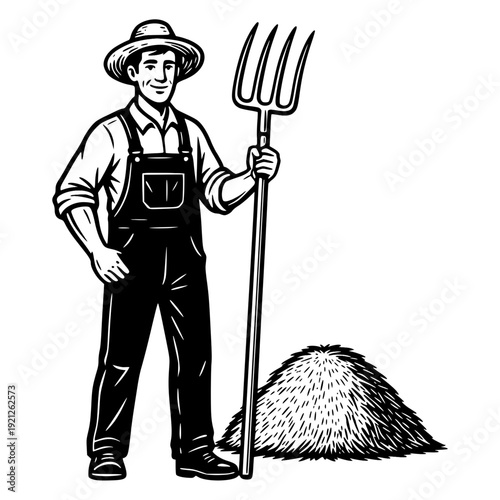 Line art illustration of Farmer with Silage Fork Standing in Front of Silage Heap.