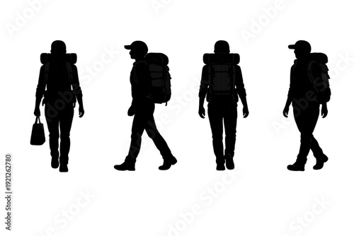 Journey into the Unknown: Four Silhouetted Travelers with Backpacks, Symbolizing Exploration & Adventure. Hiking, Trekking & Outdoor Lifestyle Vector.