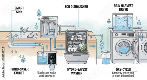 Eco friendly household appliances using recycled water for laundry and dishwashing with smart sink and rainwater harvesting system