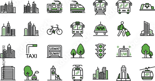 Urban cityscape icons featuring transportation buildings and green spaces
