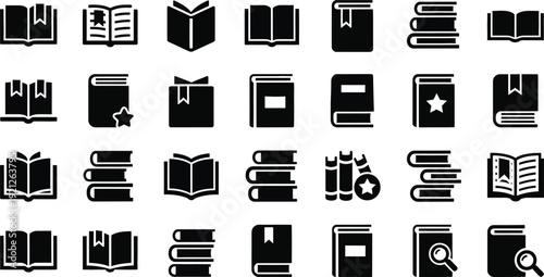 Collection of various book and reading related icons in black and white