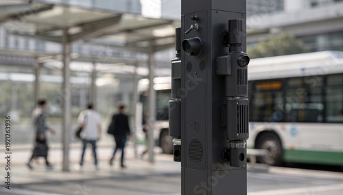 Wallpaper Mural Smart pole at a transit hub shown in medium shot displaying builtin communication devices and air quality sensors with outoffocus commuters and buses in background. Torontodigital.ca