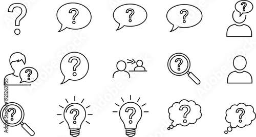 A collection of 16 question mark icons and symbols in black and white