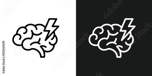 Stylized brain illustrations with lightning bolts symbolizing creativity and energy in a split-screen contrast view