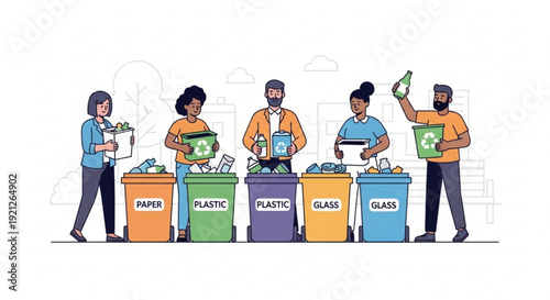 Diverse people sorting recyclables into color coded bins for eco friendly waste management and sustainability