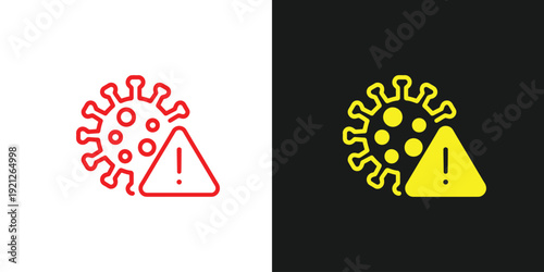 Virus warning signs depicted in red and yellow on contrasting backgrounds illustrating health alerts and pandemic notifications clearly visible from a straightforward viewpoint
