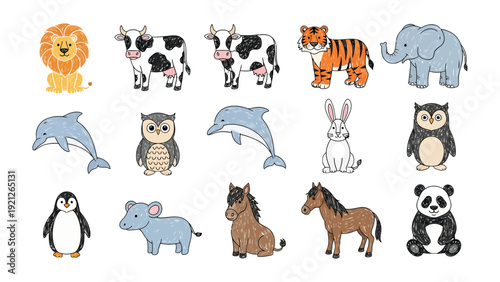 Cute Animal Set: A delightful illustration showcases a collection of diverse animals, each brimming with unique character and charm.