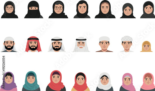 Collection of diverse Muslim avatars wearing traditional clothing, men in thobe and ghutra, women in hijab and niqab, cultural community.