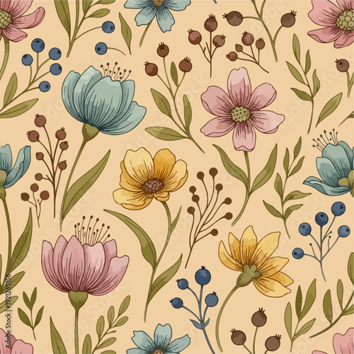 Seamless feminine pastel blossom illustration