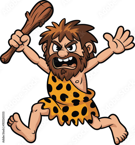 Angry cartoon caveman running with wooden club wearing leopard print skin, prehistoric primitive man character mascot, aggressive neanderthal stone age illustration.