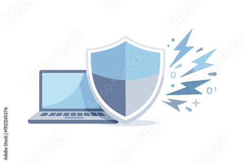 Computer security shield protecting laptop from digital threats.