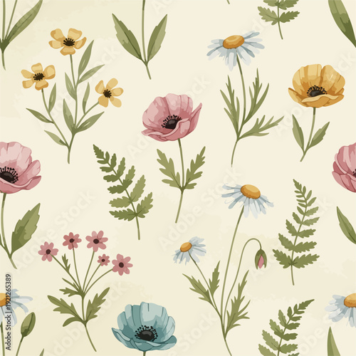 Muted vintage garden pattern with balanced colorful blooms