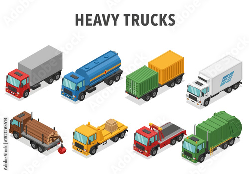 Collection of Various Types of Heavy Trucks in Isometric View