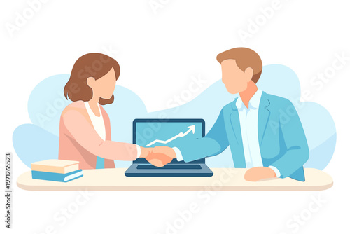 Two business people shaking hands over a laptop computer agreement.