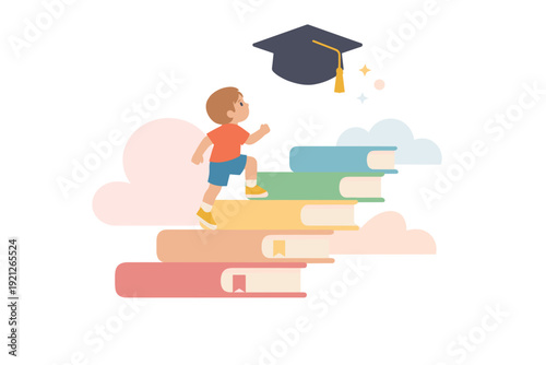Young boy climbing stairs made of books towards graduation cap.