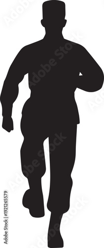 Running soldier vector silhouette illustration, line art, military personnel in action
