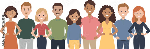 Diverse group of happy multiethnic people standing together smiling, multicultural men and women community, unity and inclusion social diversity concept.