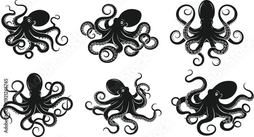 Black Octopus Silhouette Vector Illustration Set, Sea Creature Kraken Icons With Long Tentacles For Nautical Marine Design, Ocean Life Graphics, Tattoo